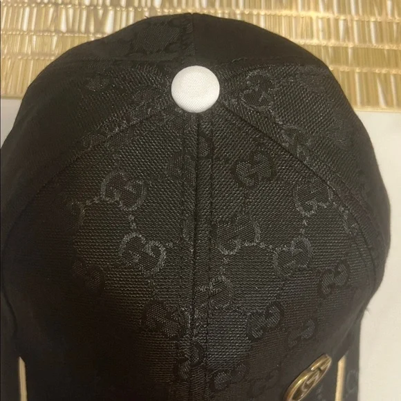Gucci Black GG Monogram Cap with Gold Trim and Double G - Picture 3 of 5
